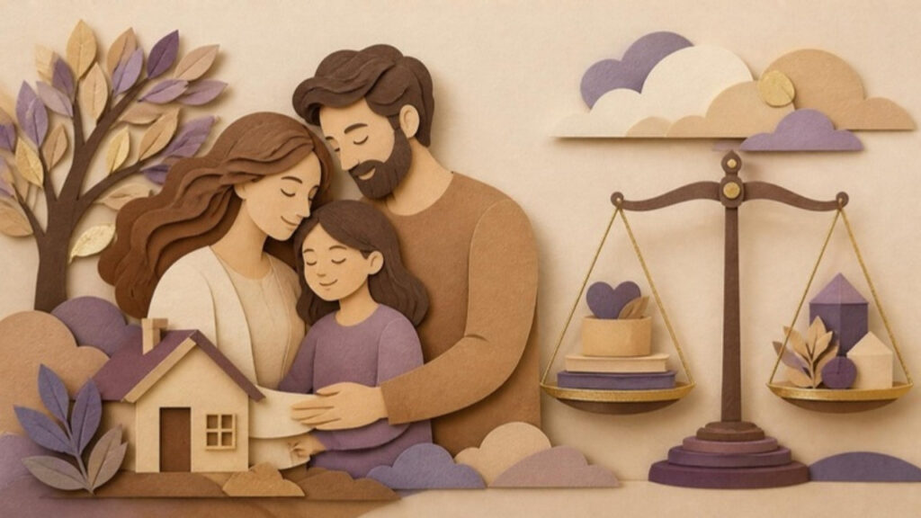 Ilustração em papel recortado: dois adultos e uma criança juntos, com uma casinha e uma balança equilibrada