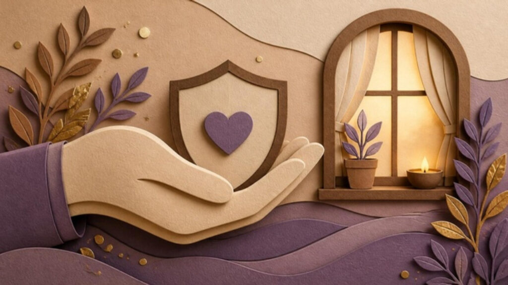 Ilustração em papel recortado: uma mão protetora segurando um escudo com um coração, ao lado de uma janela iluminada