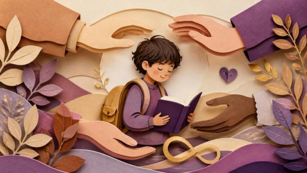 Ilustração em papel recortado: uma criança com mochila lendo um livro, cercada por mãos de apoio e folhas
