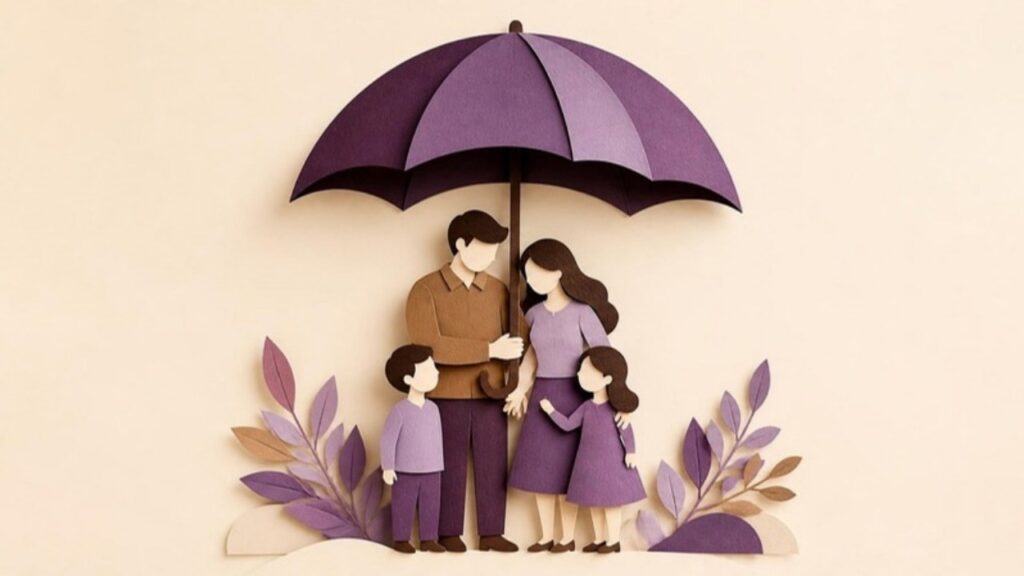 Família de figuras de papel sob um guarda-chuva roxo, em tons de bege, marrom e roxo